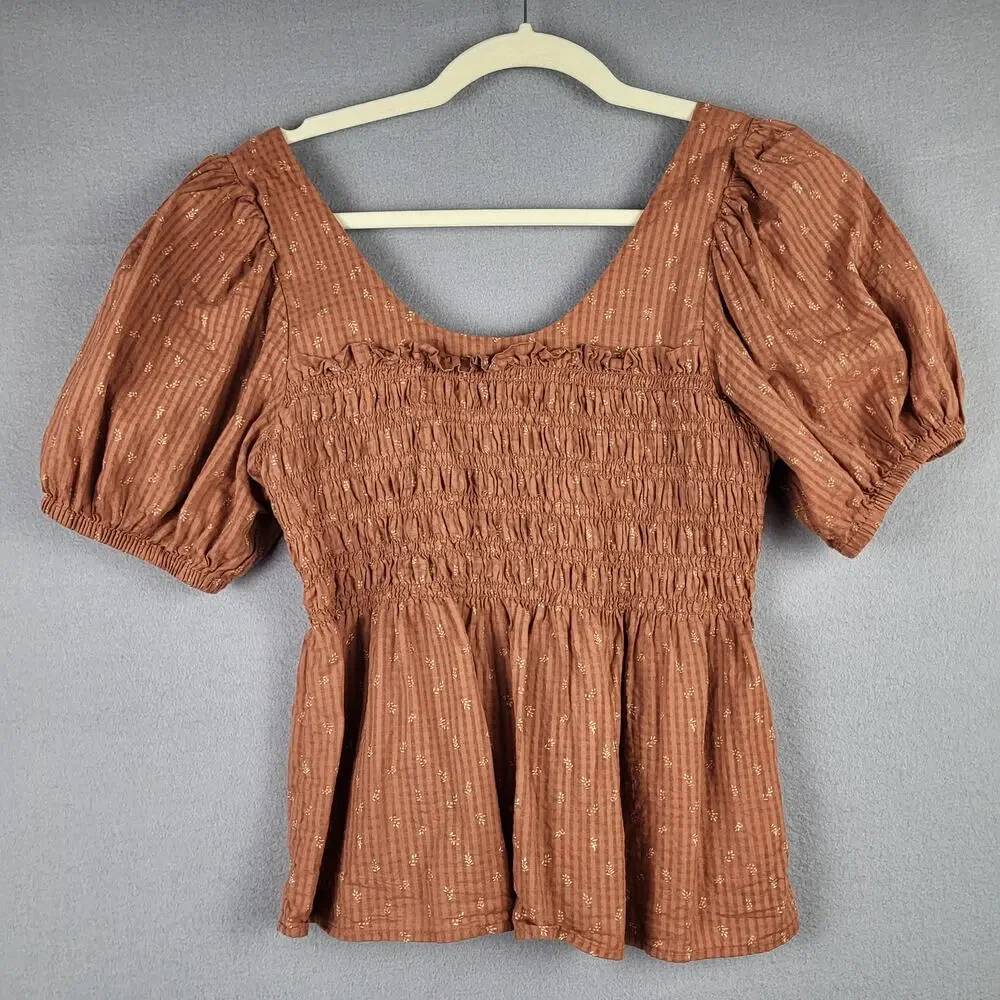 Madewell Size 4 Bubble Sleeve Smocked Peplum Top Orange Rust Cottagecore Prairie